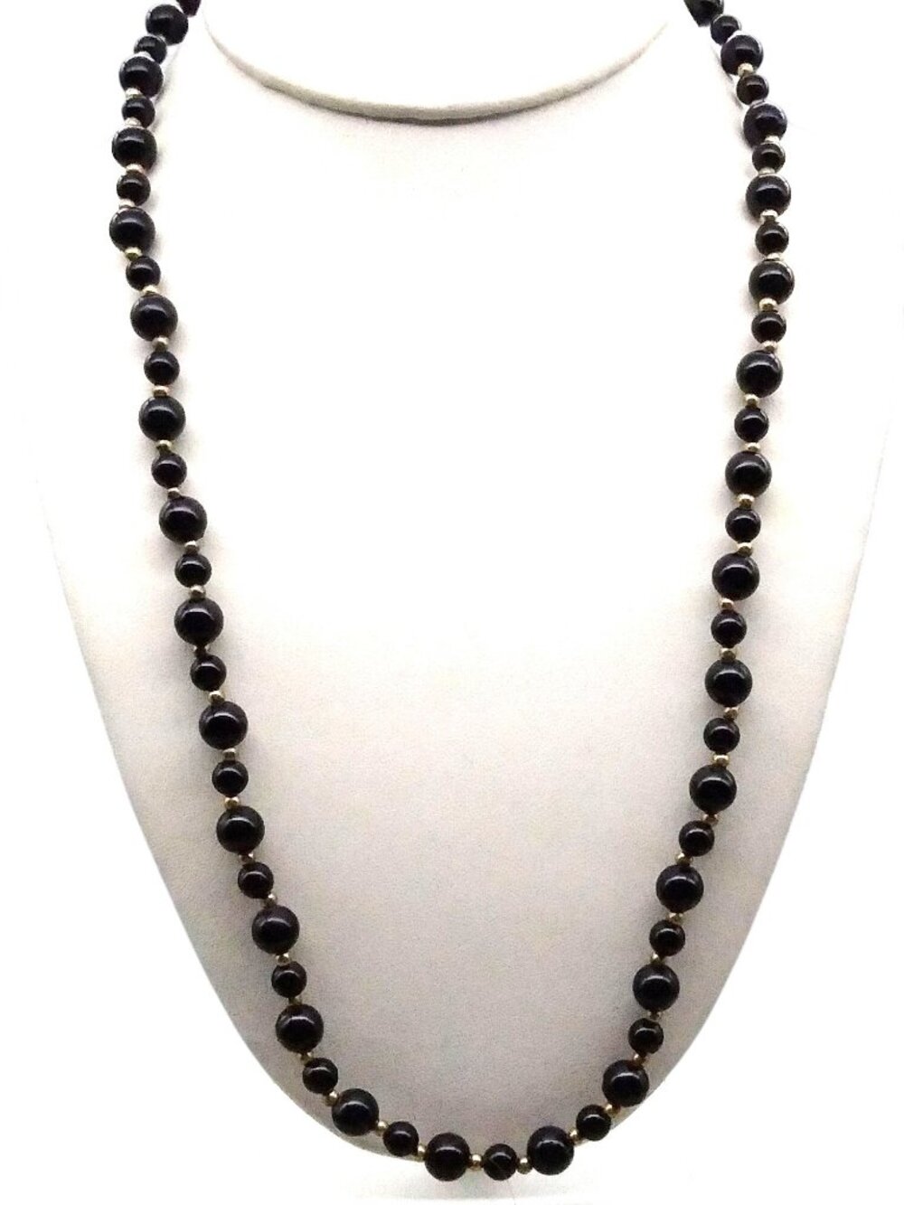 Classic Vintage Lucite Beaded Necklace, Chic Black Strand with Gold Tone Spacer